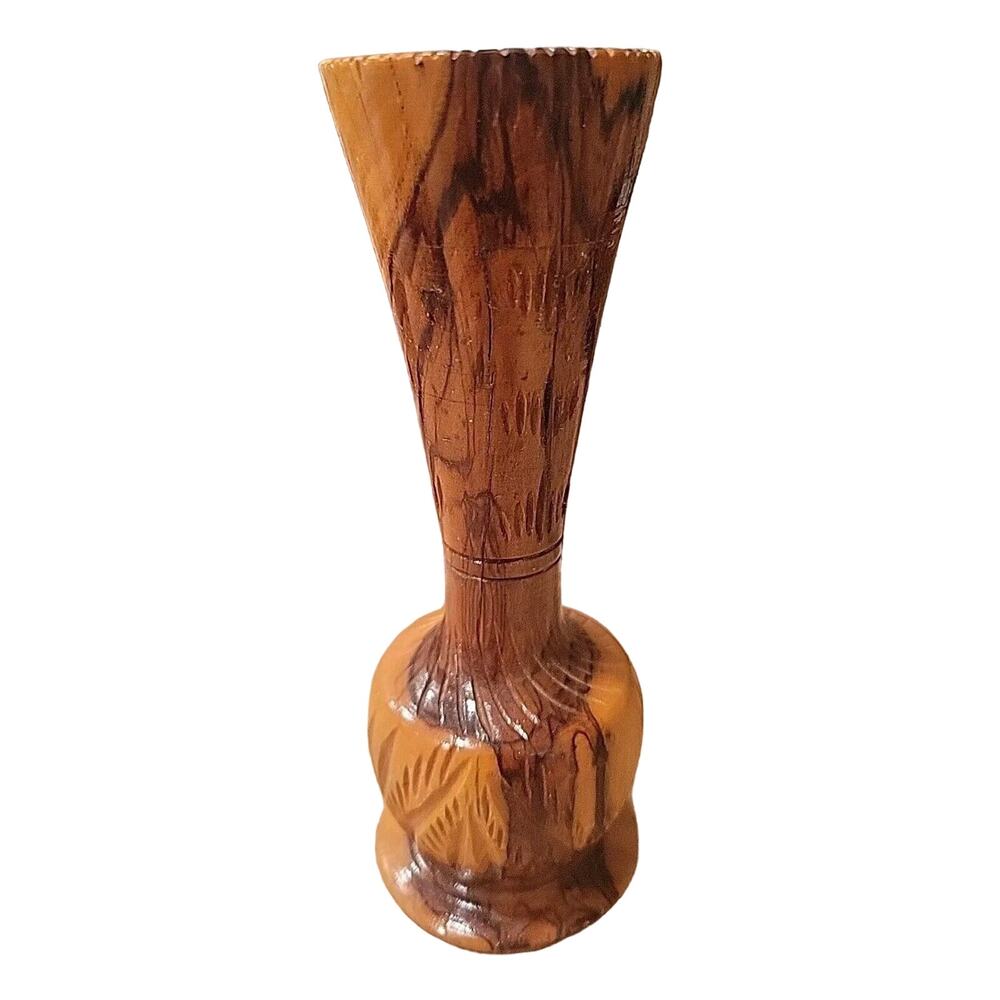 Gorgeous 6” Vintage Carved Hand Made Turned Burl Wood Bud Vase